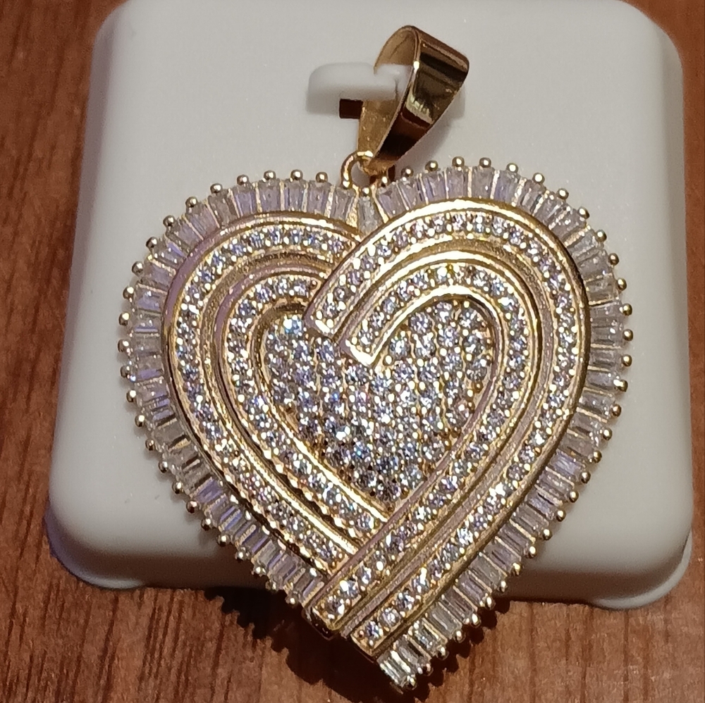 925 SILVER CZ Iced Out Heart Shaped Charm Pendant Baguette & Round Gold Plate